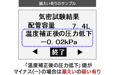 漏洩がある場合は圧力低下値が表示されます